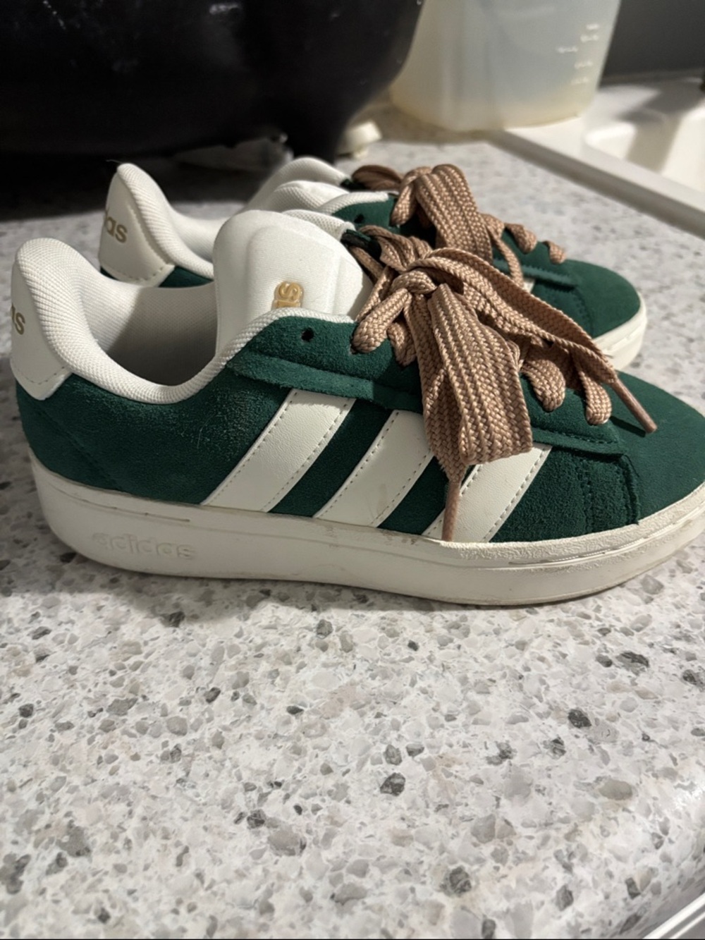 Women’s Grand Court AlphaGreen Suede Sneakers with Cream Stripes and Brown Laces